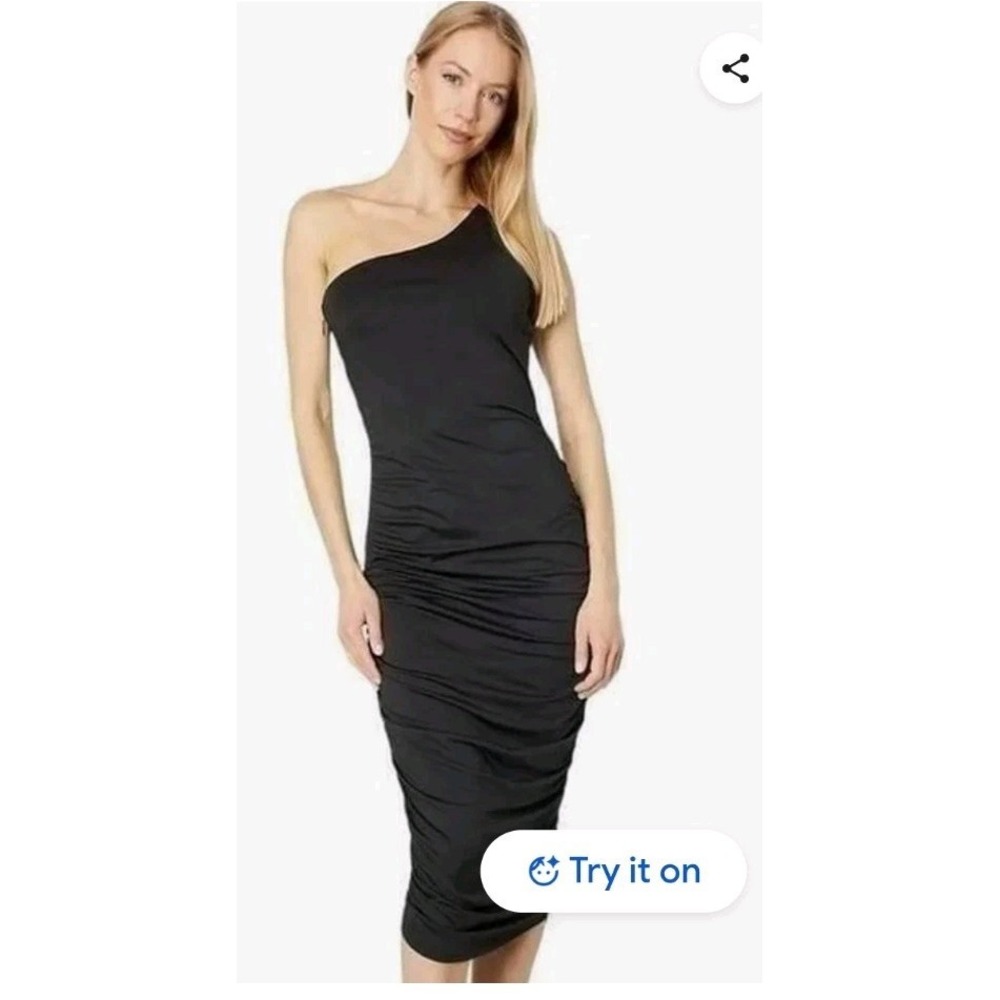 Bebe Black One Shoulder Solid Midi Dress Women's S Ruched Bodycon Lined NWT $139